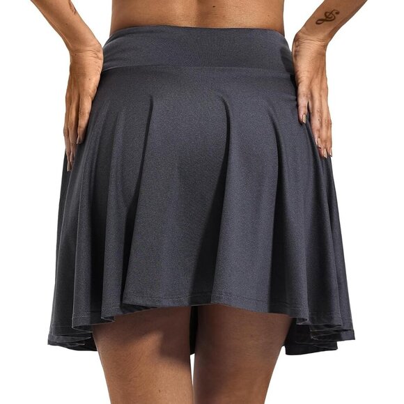 Grey High-Waisted Women's Tennis Skirt with Built-In Shorts and Drawstring Closu - Picture 3 of 6